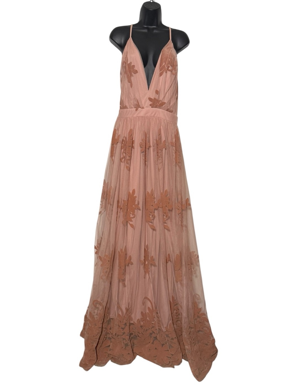 Luxxel Blush Pink Deep V-Neck Plunge w/Crisscross Back Tulle Maxi Dress Size XL